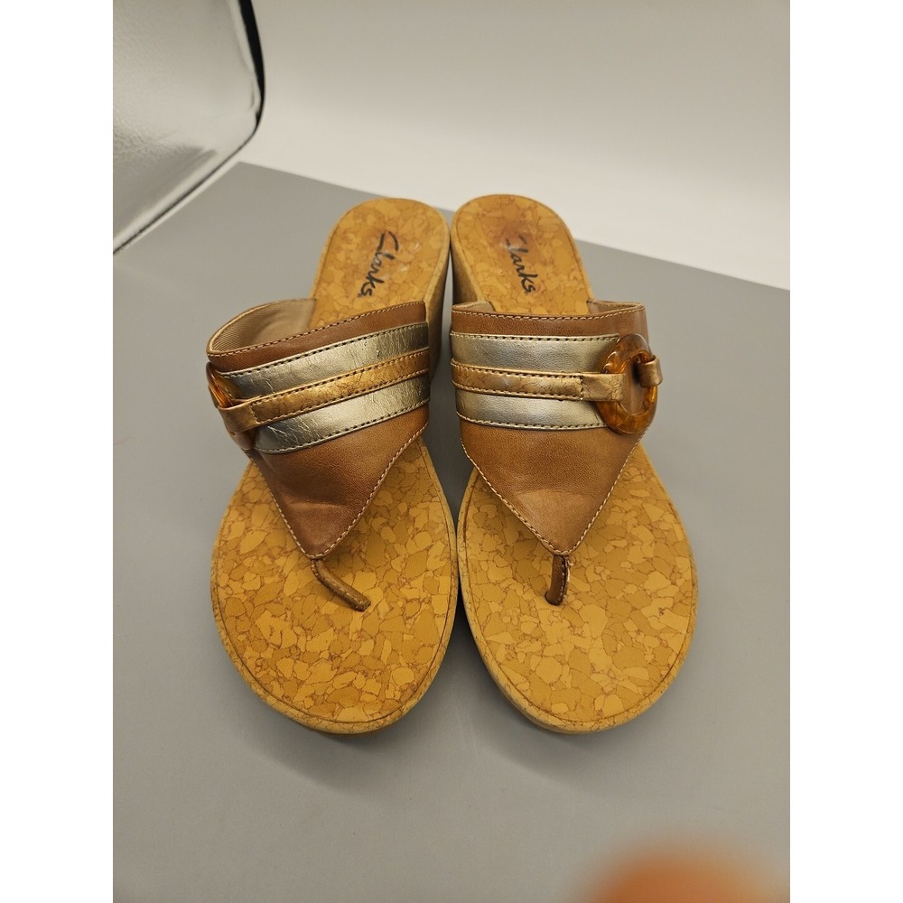 Clarks Womans Slip On Cork Leather Wedge Sandal Size 8 M Brown Tan Neutral